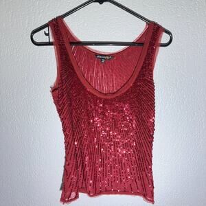 Chaudry KC Red Sequin Sleeveless Top | Beaded Party Blouse | Size Small